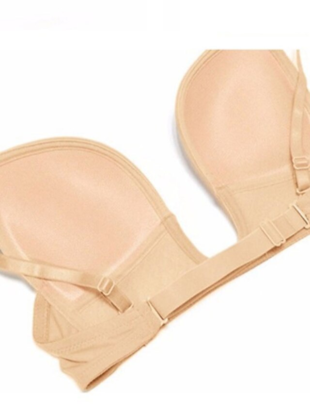 Women's Padded Bras Detachable Straps Demi Cup Shelf Bra Deep U Breathable Pure Color Hook & Eye