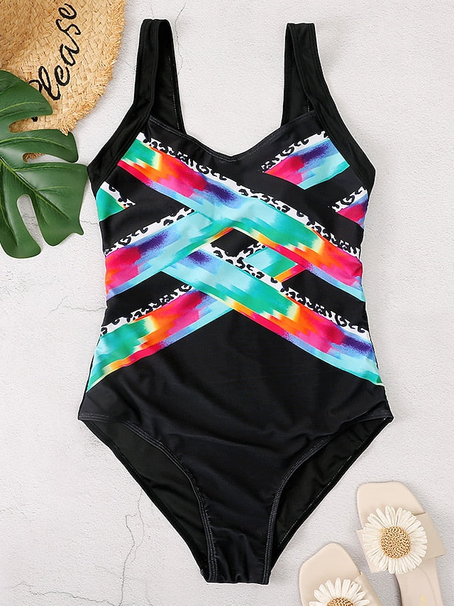 Women's One Piece Monokini Swimsuit, Tummy Control, Open Back, Color Block, Padded, Black, Modern Fashion