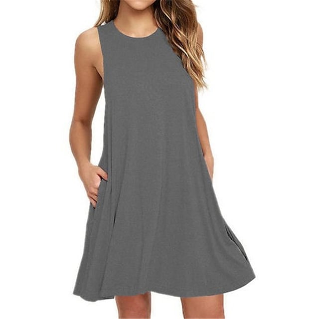 Women's Sleeveless Pure Color Pocket Crew Neck Vacation Weekend Casual Dress