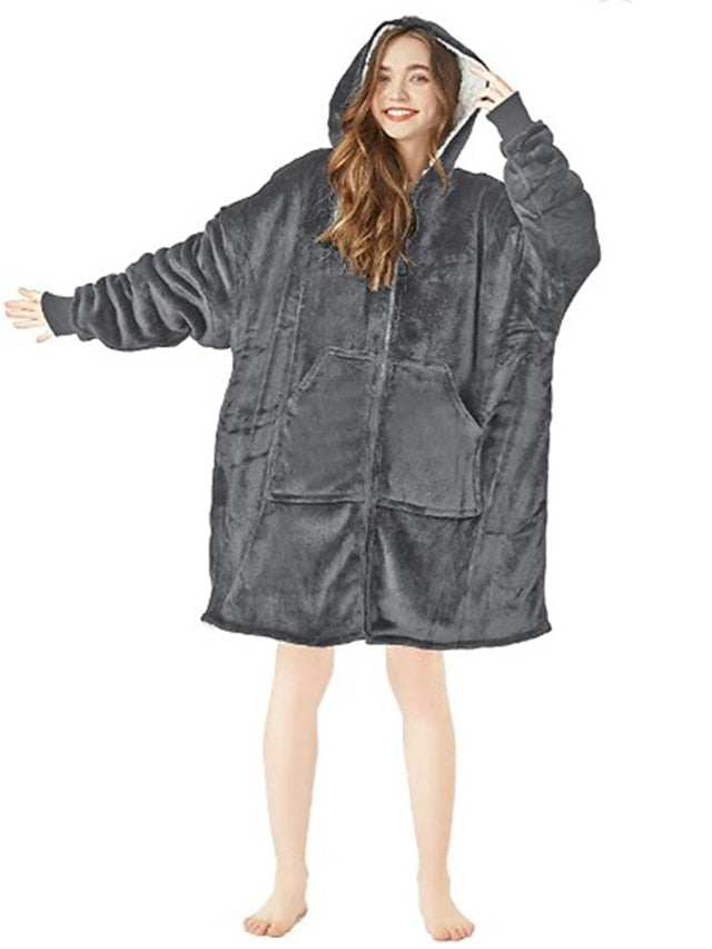 Women's Oversized Plush Fleece Hoodie Nightgown - Warm Winter Pajamas with Pocket, Long Sleeve for Home & Bed