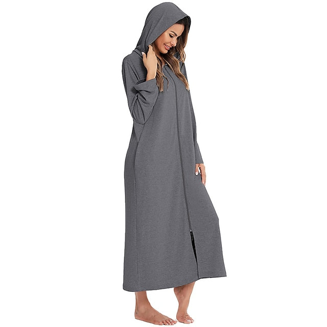 Women's Polyester Onesie Jumpsuit - Round Neck, Long Sleeve, Pocket, Zipper, Fall/Winter Comfort