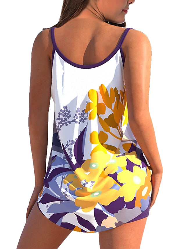 Women's Swimwear Tankini 2 Piece Plus Size Swimsuit Open Back Printing Plaid Flower