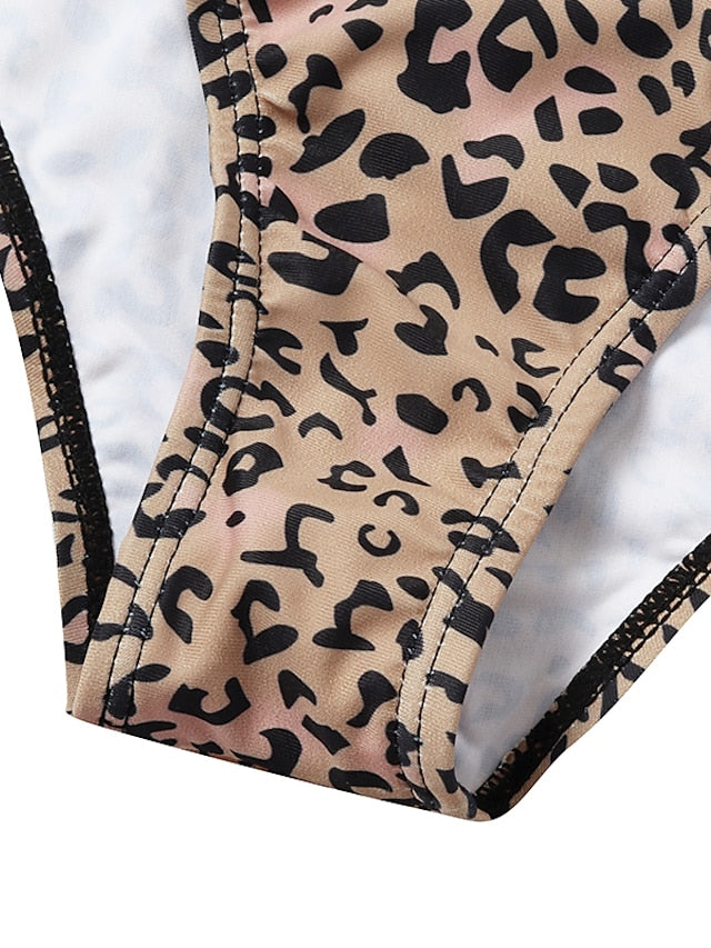 Plus Size Women's Leopard Print One Piece Swimsuit, Tummy Control, High Neck, Padded, Modest Swimwear