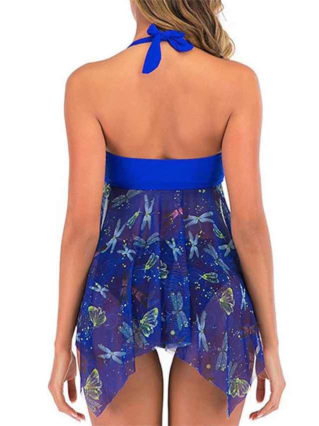 Plus Size Women's Tankini Swimsuit - Backless Bow Print, Halter V Wire, Padded, Vacation Ready