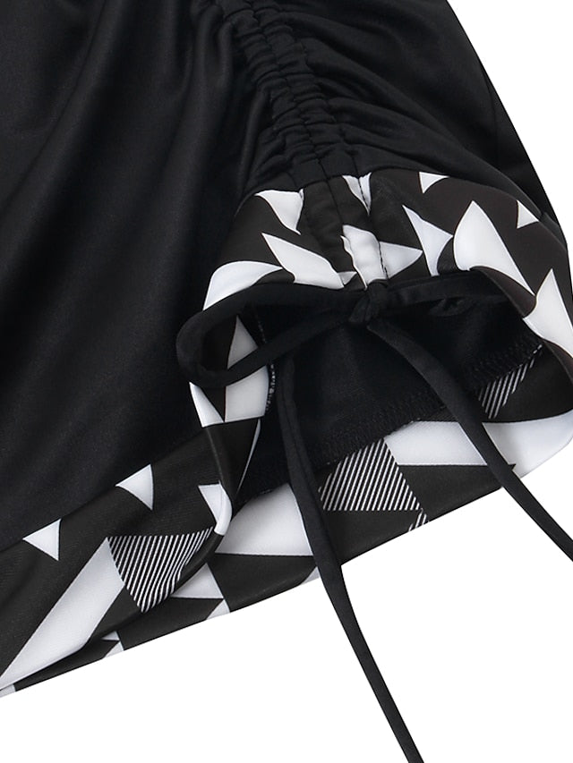 Women's Swimwear Tankini 2 Piece Normal Swimsuit High Waisted Geometic Black Padded V Wire Bathing Suits Sports Vacation Sexy / Strap / New / Strap