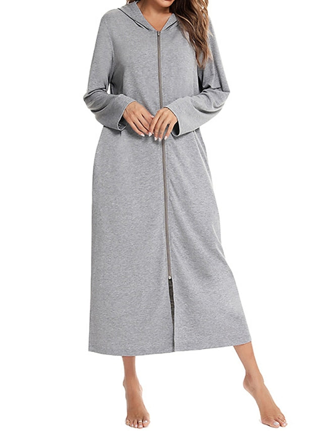 Women's Casual Midi Shift Dress with Pockets - Solid Color Hooded Lounge Wear