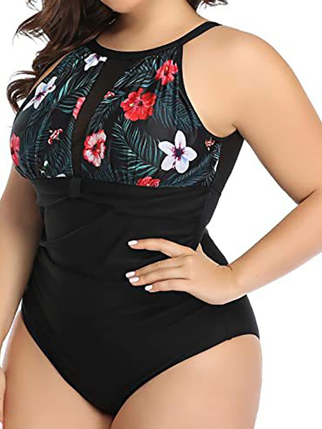 Plus Size Women's Floral Striped One Piece Swimsuit - Modern, Sexy, Padded, Vacation Swimwear