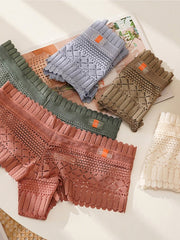 Women's Flower Lace Hole Simple Pure Color Basic Panties Brief Micro-elastic Mid Waist Sexy Nylon 1 PC Green One-Size