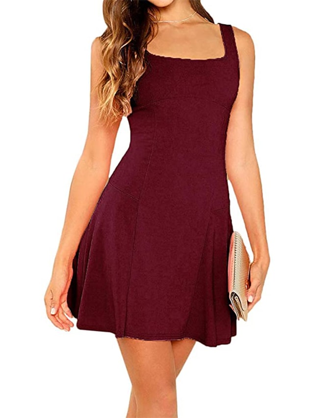 Women's Sleeveless Pure Color Backless Square Neck Stylish Slim Simple Dress