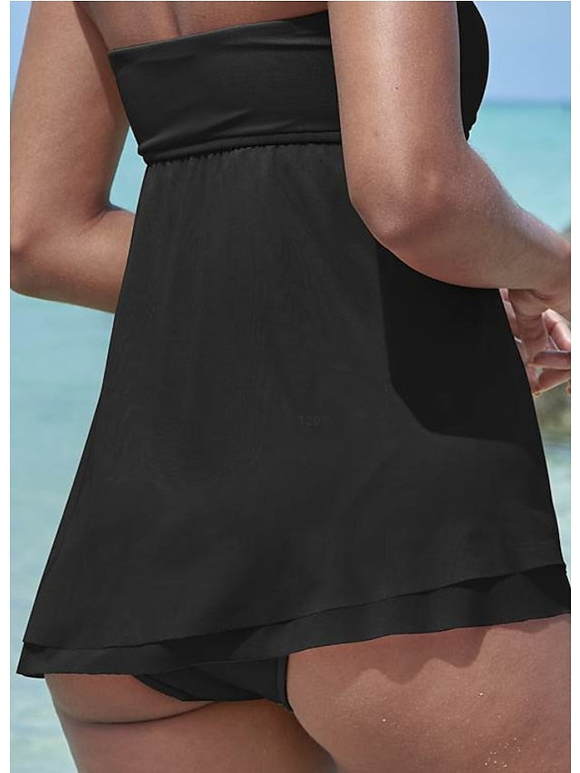 Women's Swimwear Tankini 2 Piece Normal Swimsuit High Waisted Solid Color Green Black Rosy Pink Khaki Royal Blue Padded V