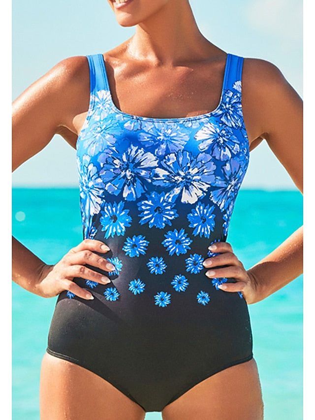 Plus Size Women's Floral Monokini Swimsuit - Tummy Control, Open Back, Scoop Neck, Black