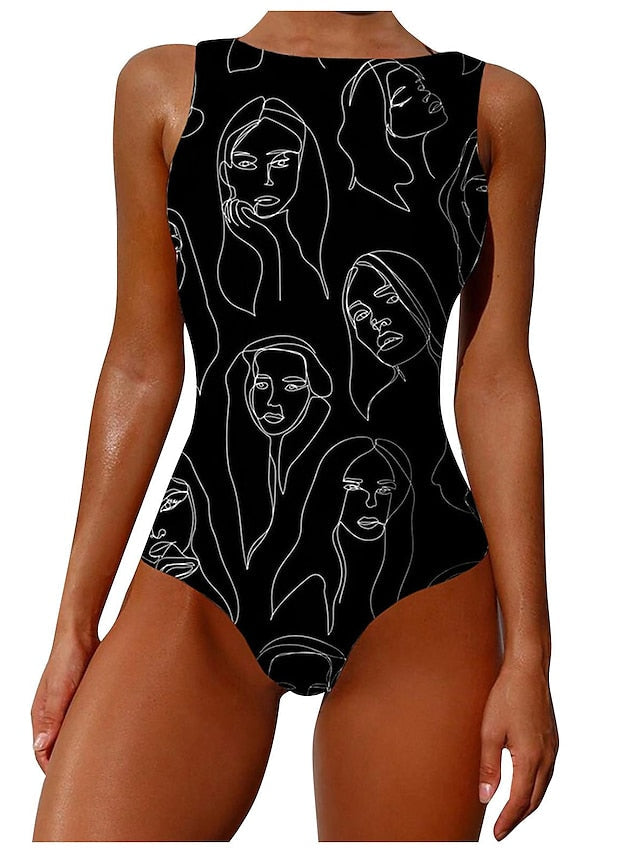 Women's Swimwear One Piece Normal Swimsuit Printing Graffiti Black White Blue Khaki Beige Bodysuit Bathing Suits Sports Beach Wear Summer