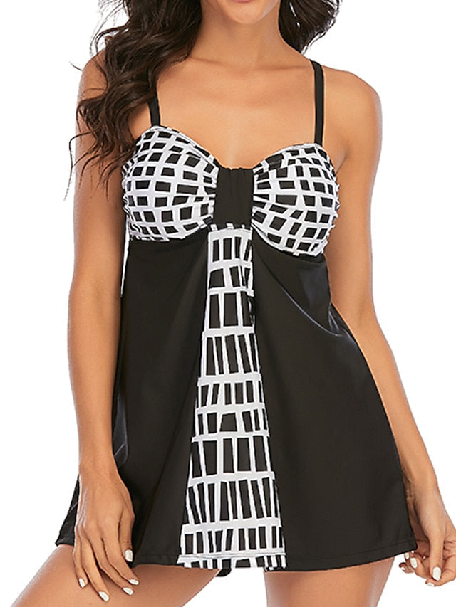 Plus Size Women's Tankini Swimsuit - Open Back, Striped Print, Padded, Black, Vacation Fashion