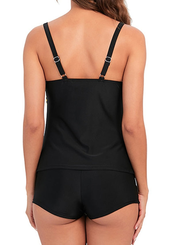 Plus Size Women's Tankini Swimsuit - Modest Leaf Print, Open Back, Camisole Straps, Vacation Fashion