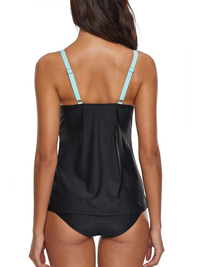 Plus Size Women's Tankini Swimsuit - Floral & Solid Colors, Open Back, Camisole Straps, Vacation Ready