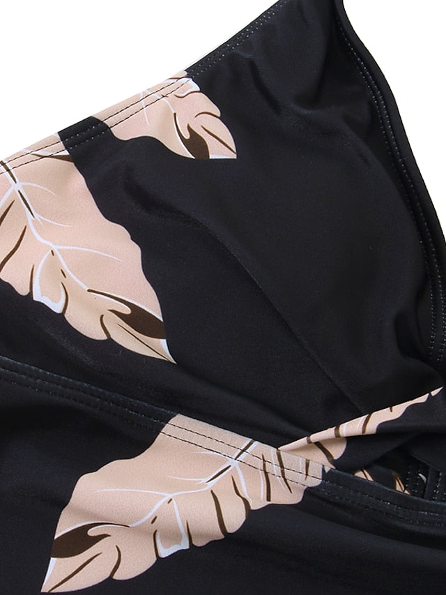 Plus Size Women's Tankini Swim Dress - Halter V Wire, Open Back, Tree/Leaf Print, Black, Modest Swimwear