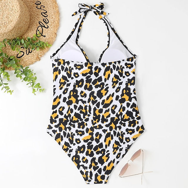 Women's Swimwear One Piece Normal Swimsuit Open Back Solid Color Leopard Leopard Print Black Wine Blue Green Bodysuit Bathing Suits Sports Summer