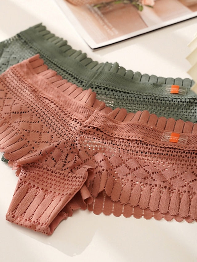 Women's Flower Lace Hole Simple Pure Color Basic Panties Brief Micro-elastic Mid Waist Sexy Nylon 1 PC Green One-Size