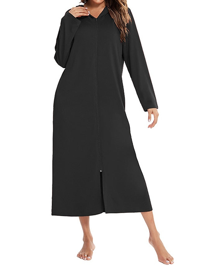 Women's Casual Midi Shift Dress with Pockets - Solid Color Hooded Lounge Wear