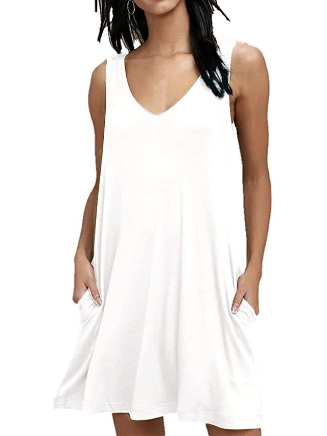 Fashion Sleeveless Pure Color Beach Wear Loose Fit Dress With Pocket For Womens