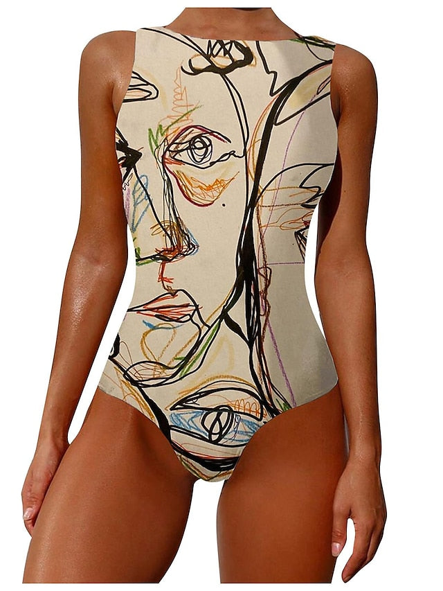 Women's Swimwear One Piece Normal Swimsuit Printing Graffiti Black White Blue Khaki Beige Bodysuit Bathing Suits Sports Beach Wear Summer