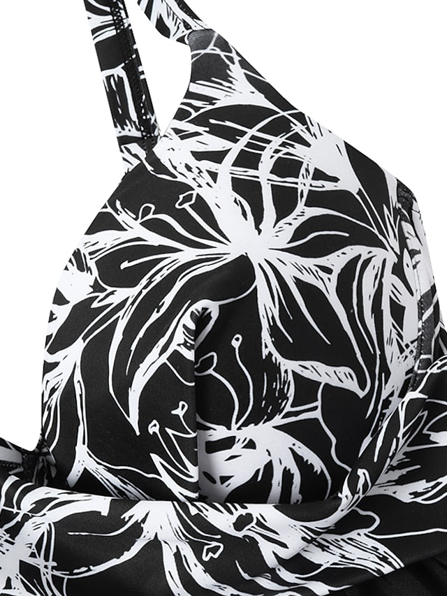 Plus Size Women's Tankini Swimsuit - Floral & Solid Colors, Open Back, Camisole Straps, Vacation Ready