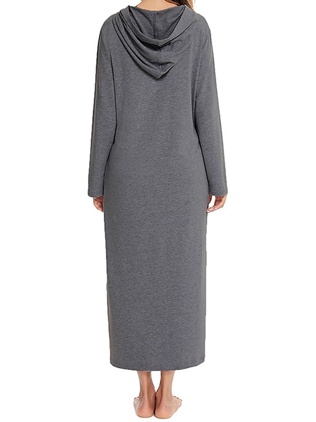 Women's Casual Midi Shift Dress with Pockets - Solid Color Hooded Lounge Wear