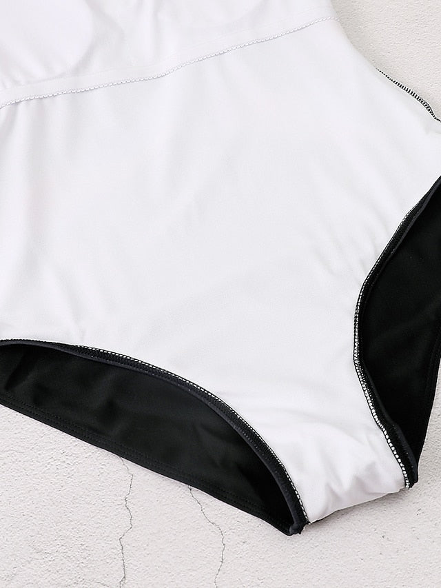 Women's One Piece Monokini Swimsuit, Tummy Control, Open Back, Color Block, Padded, Black, Modern Fashion