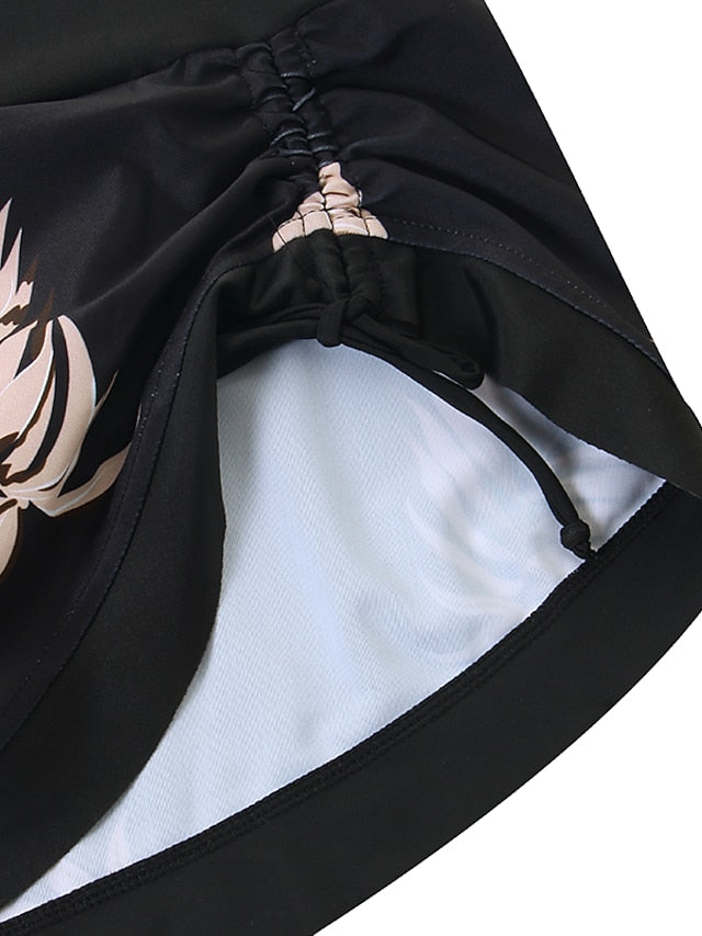 Plus Size Women's Tankini Swim Dress - Halter V Wire, Open Back, Tree/Leaf Print, Black, Modest Swimwear