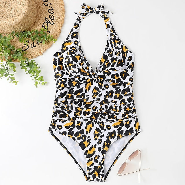 Women's Swimwear One Piece Normal Swimsuit Open Back Solid Color Leopard Leopard Print Black Wine Blue Green Bodysuit Bathing Suits Sports Summer