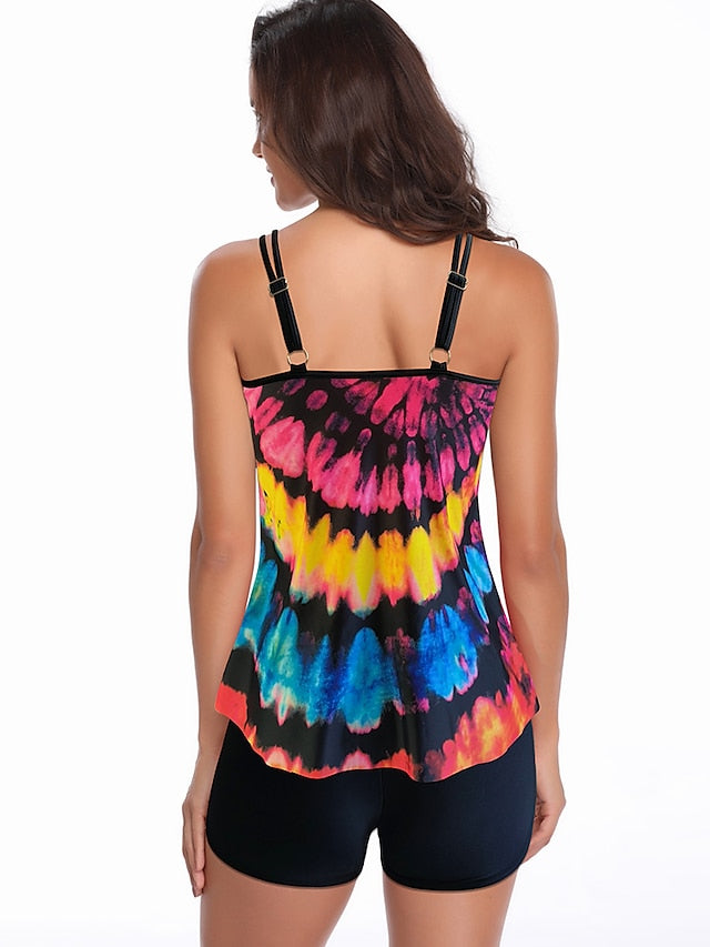 Women's Swimwear Tankini with Shorts / Top Normal Swimsuit Printing Waves Colorful Green Rainbow Padded Strap Bathing Suits