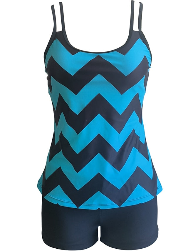Women's Swimwear Tankini with Shorts / Top Normal Swimsuit Printing Adjustable Waves Stripes / Ripples Blue Camisole Strap