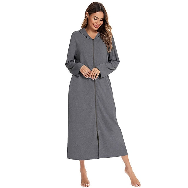 Women's Polyester Onesie Jumpsuit - Round Neck, Long Sleeve, Pocket, Zipper, Fall/Winter Comfort