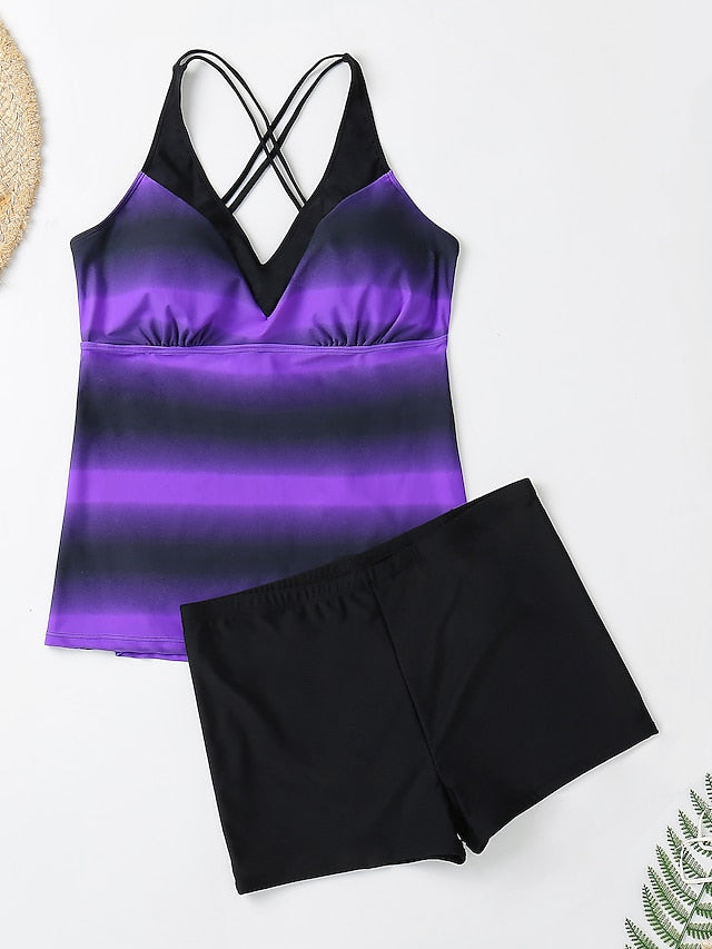 Plus Size Women's Tankini Swimsuit - Push Up, Striped, Padded, Scoop Neck, Sports & Vacation Wear