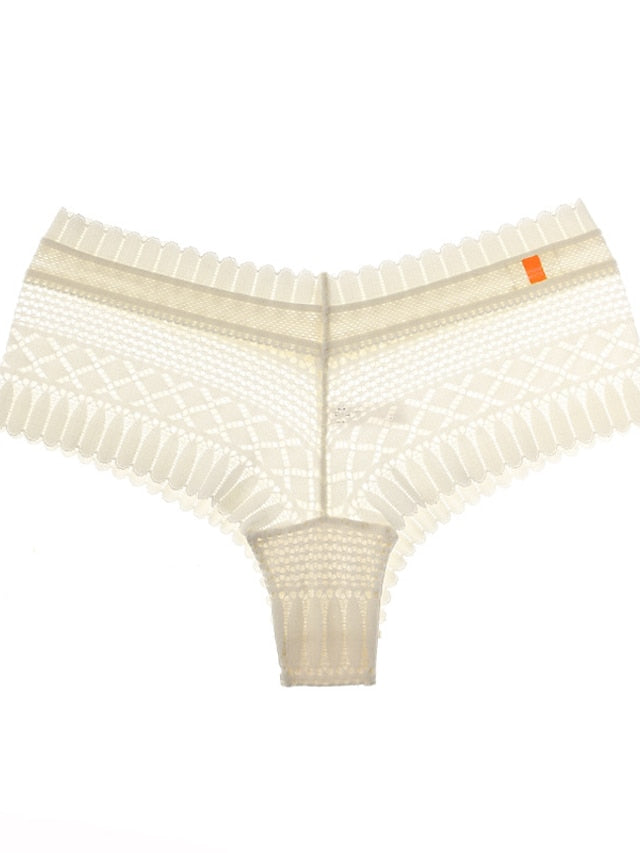 Women's Flower Lace Hole Simple Pure Color Basic Panties Brief Micro-elastic Mid Waist Sexy Nylon 1 PC Green One-Size
