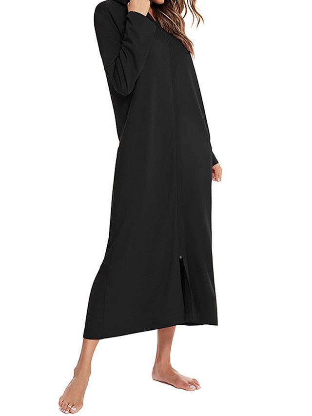 Women's Casual Midi Shift Dress with Pockets - Solid Color Hooded Lounge Wear