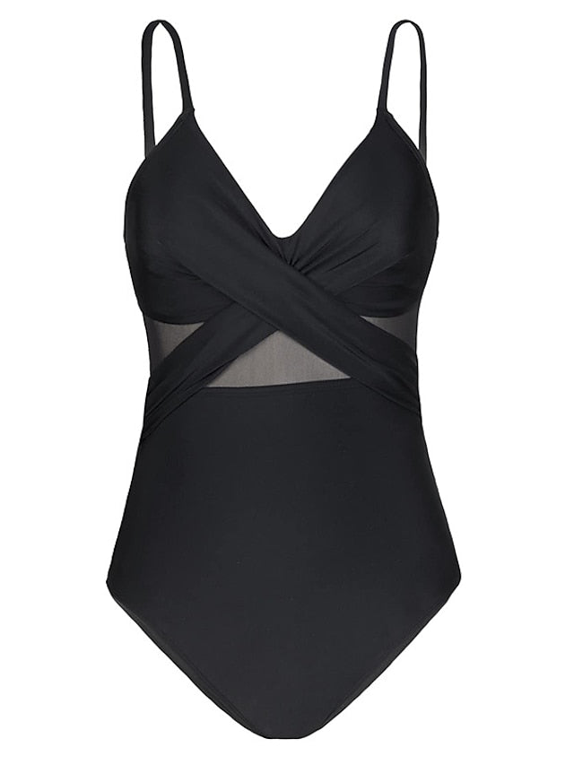 Women's Swimwear One Piece Monokini Normal Swimsuit Mesh Patchwork Printing Leaf Black Green Bodysuit Bathing Suits Sports Beach Wear Summer