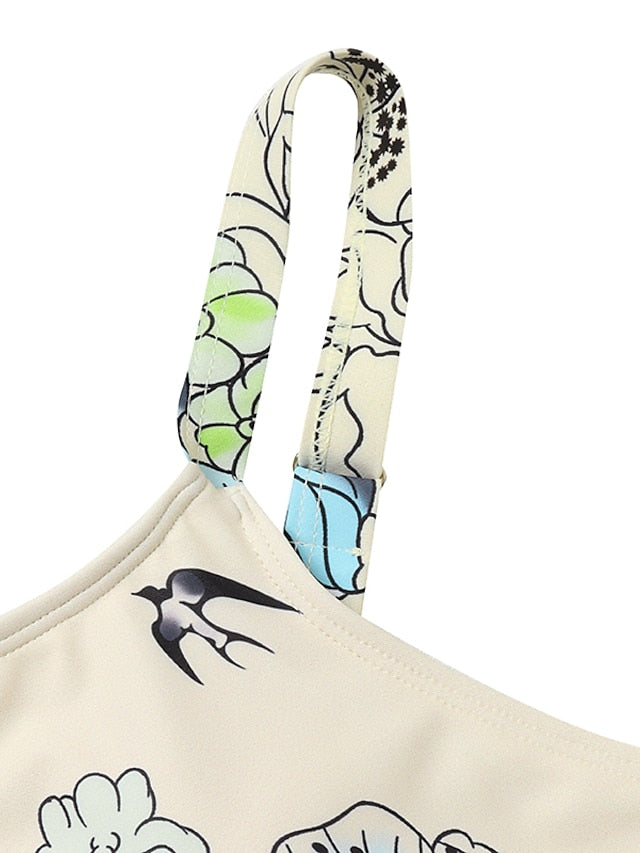 Women's Floral Print Tankini Swimsuit, High Waisted, Padded, Khaki, Sexy Sports Vacation Wear