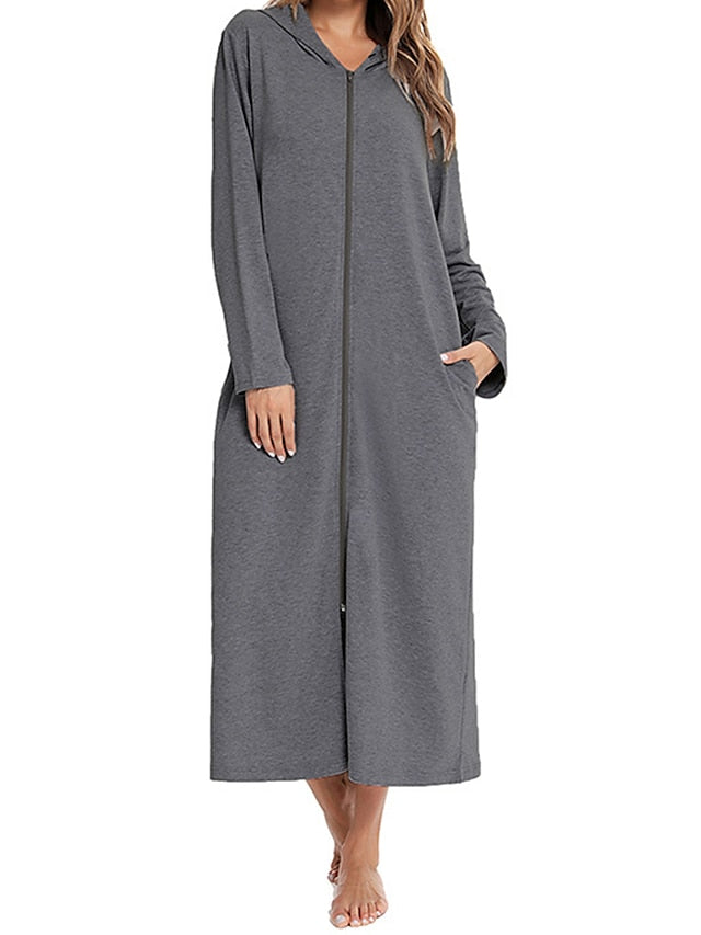 Women's Casual Midi Shift Dress with Pockets - Solid Color Hooded Lounge Wear