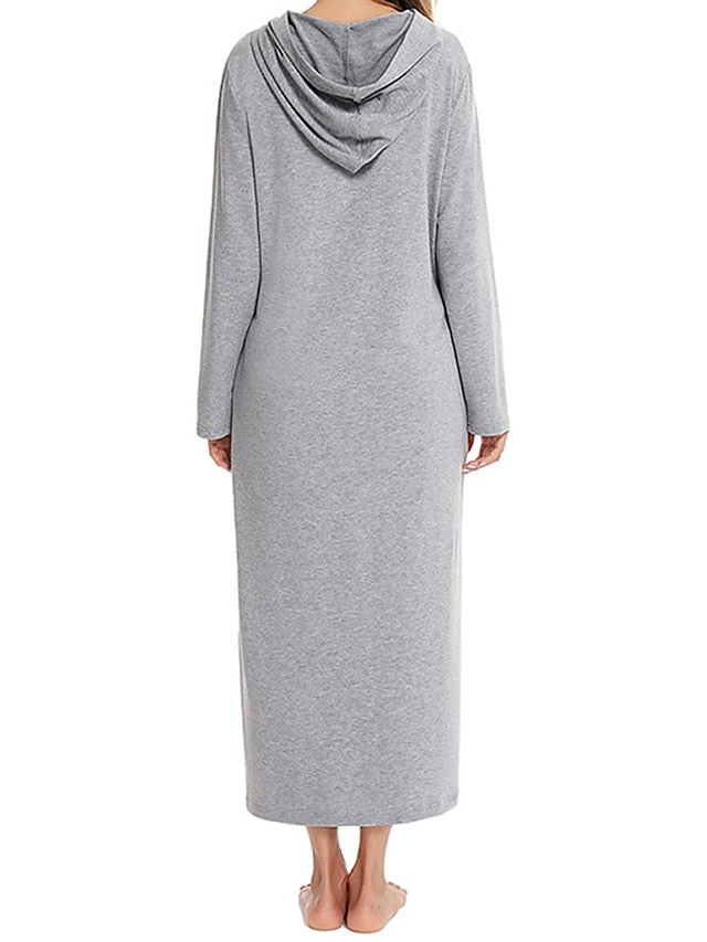 Women's Casual Midi Shift Dress with Pockets - Solid Color Hooded Lounge Wear