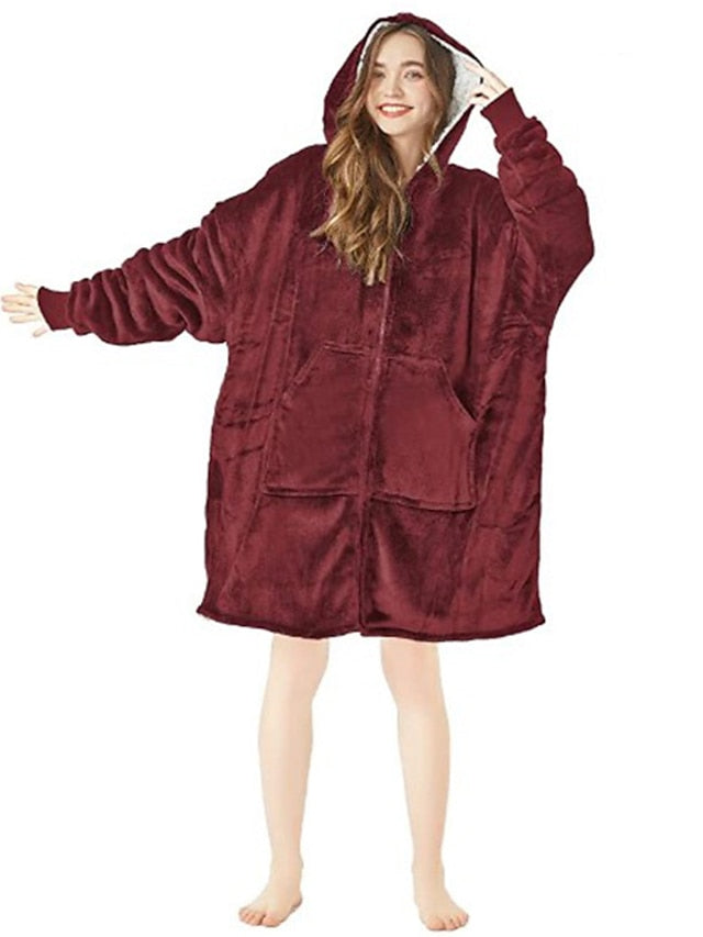 Women's Oversized Plush Fleece Hoodie Nightgown - Warm Winter Pajamas with Pocket, Long Sleeve for Home & Bed