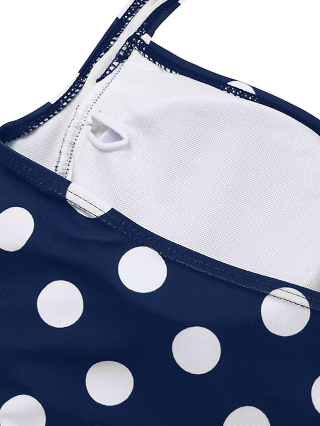 Women's Swimwear One Piece Monokini Bathing Suits Normal Swimsuit Tummy Control High Waisted Polka Dot Navy Blue Padded Bathing