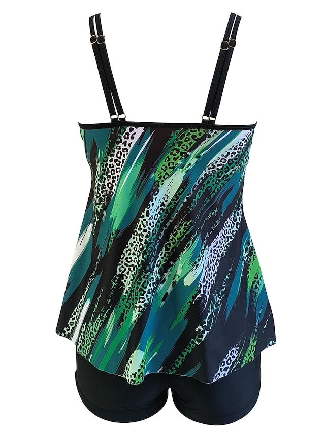 Women's Swimwear Tankini with Shorts / Top Normal Swimsuit Printing Waves Colorful Green Rainbow Padded Strap Bathing Suits