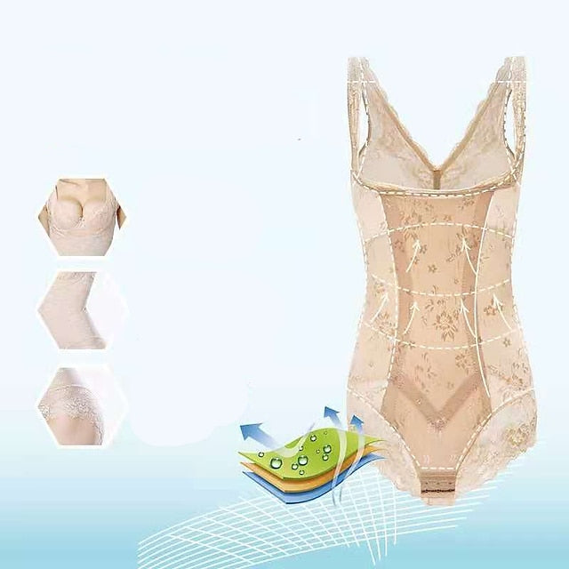 Womens Shapewear Firm Control Lace N Smooth Built-in Bra Body Shaper Fajas Crotch Lingerie Sexy Lace Bodysuit Deep V Teddy One Piece Lace Babydoll