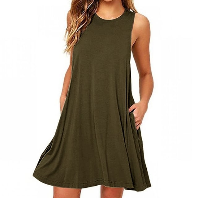Women's Sleeveless Pure Color Pocket Crew Neck Vacation Weekend Casual Dress