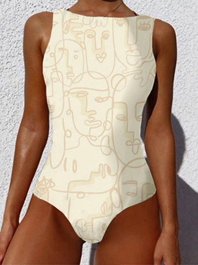 Women's Swimwear One Piece Normal Swimsuit Printing Graffiti Black White Blue Khaki Beige Bodysuit Bathing Suits Sports Beach Wear Summer