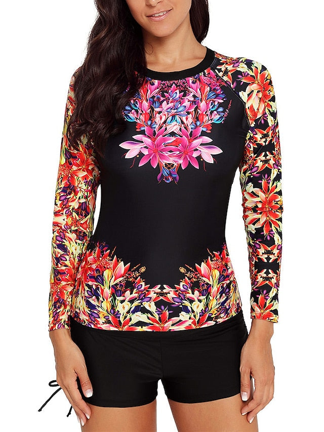 Plus Size Women's Rash Guard 2-Piece Swimsuit, Open Back, Floral Print, Black/Gray/Yellow