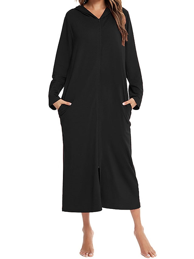 Women's Casual Midi Shift Dress with Pockets - Solid Color Hooded Lounge Wear