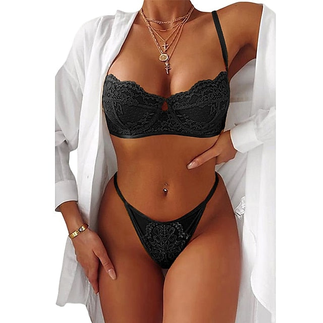 Women's Underwire Bras 34 Cup Pure Color Flower Floral Hook & Eye Wedding Party Date Valentine's Day Polyester Sexy 1 set Bra & Panty Set