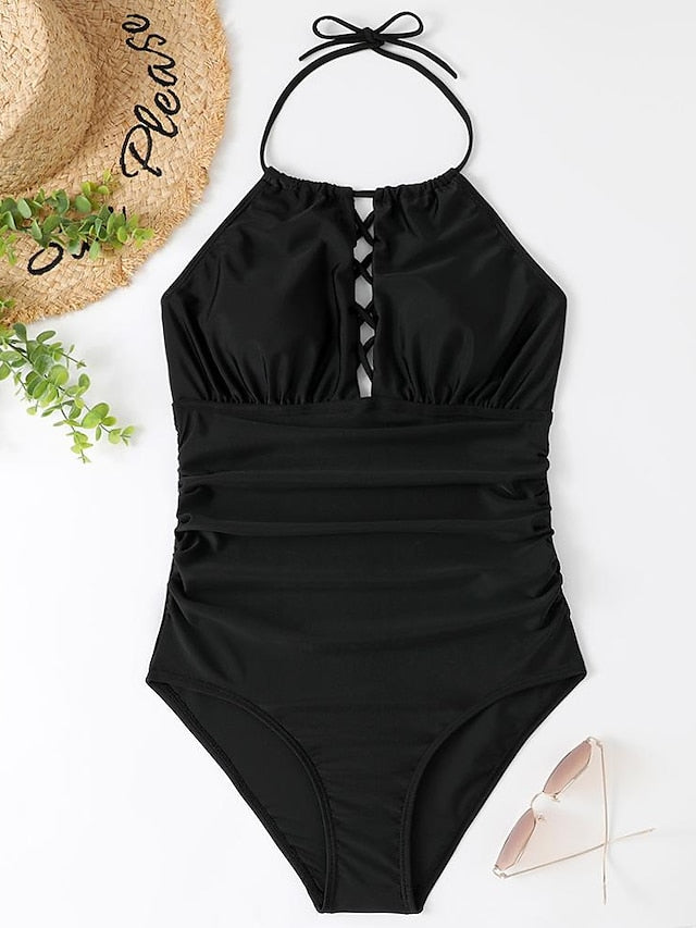 Women's Swimwear One Piece Normal Swimsuit Printing Solid Color Floral Black White Pink Navy Blue Sky Blue Bodysuit Bathing Suits Sports Summer